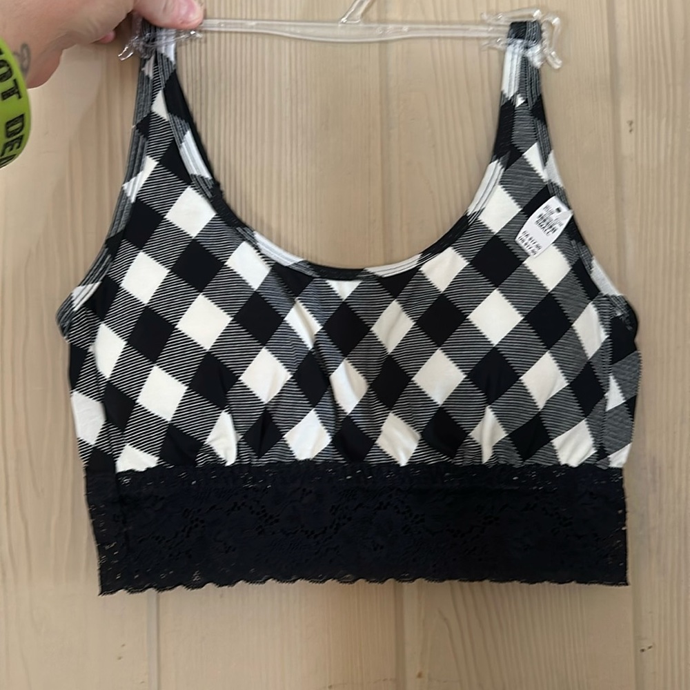 MAURICES CHECKERED LACE TRIME Bralette: BLACK/WHITE: NEW WITH TAGS: S